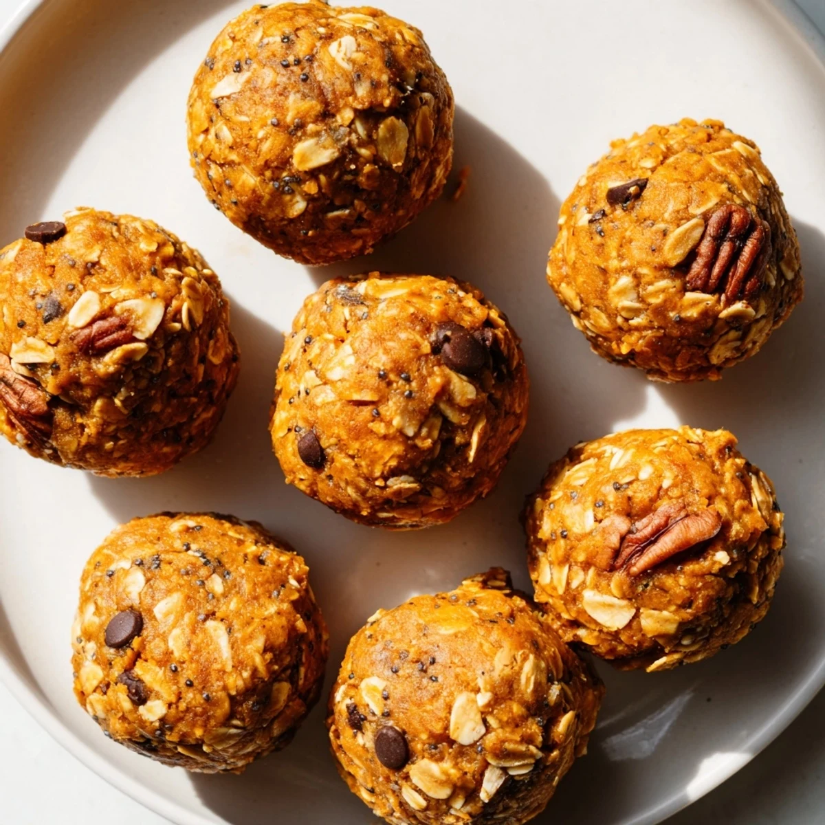 Golden no bake pumpkin protein balls studded with chocolate chips in a parchment-lined tray