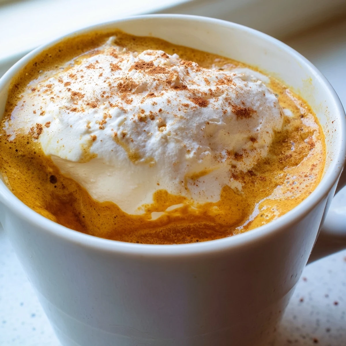 Steaming mug of homemade pumpkin spice latte with frothy milk on a rustic autumn table