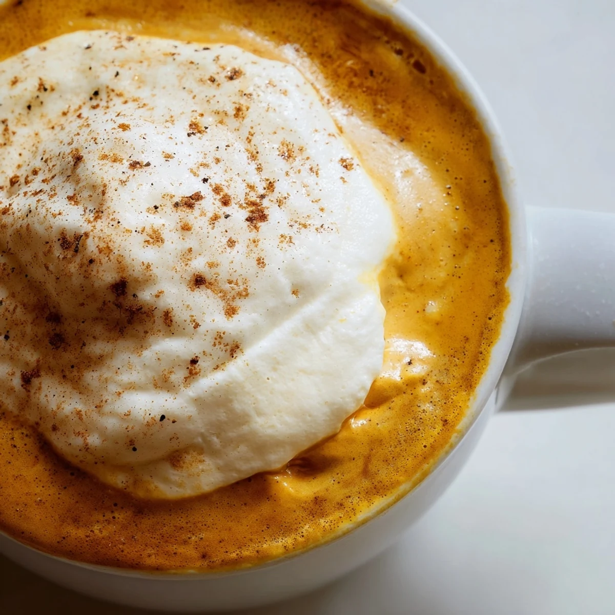 Rich homemade pumpkin spice latte in a white ceramic mug with a swirl of pumpkin purée