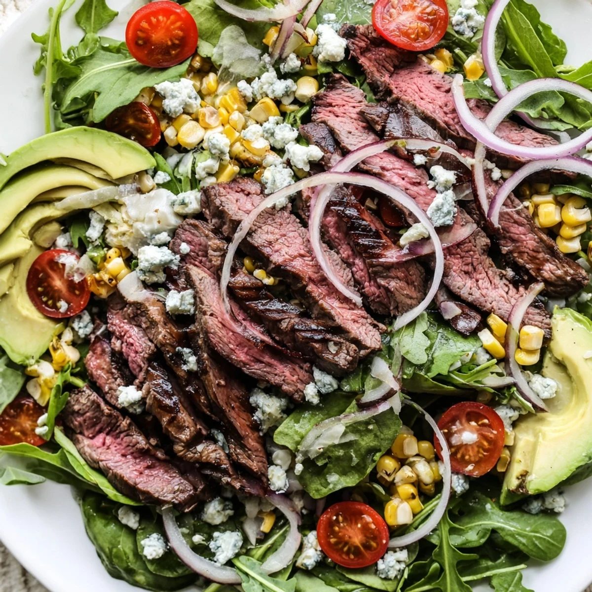 Sliced balsamic steak over crisp greens with creamy Gorgonzola and charred grilled corn