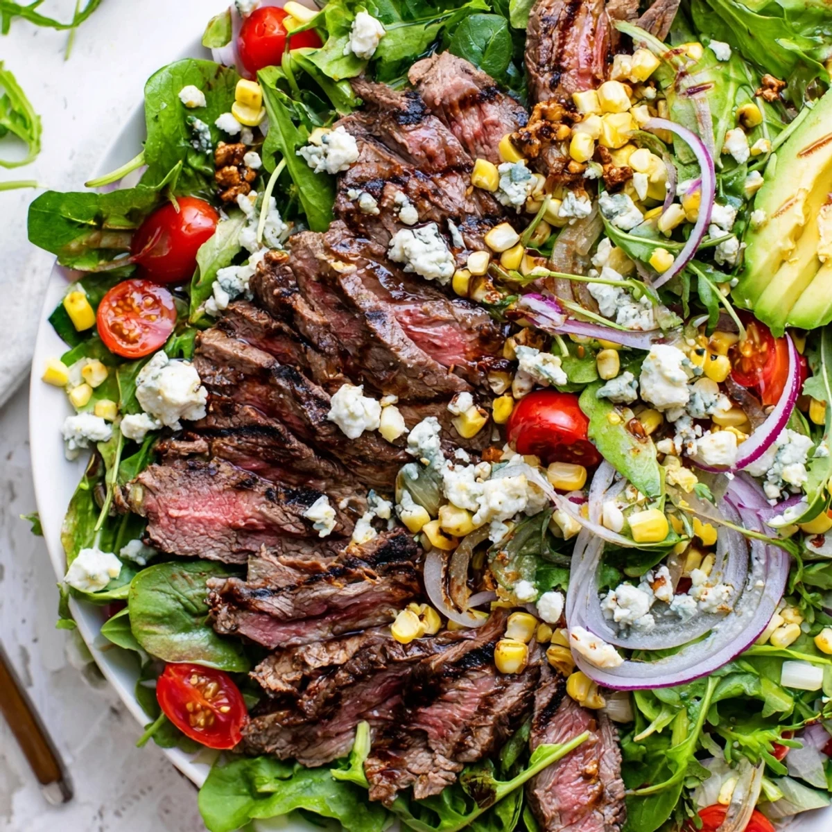 Balsamic steak Gorgonzola salad drizzled with vinaigrette, featuring grilled corn and ripe avocado slices