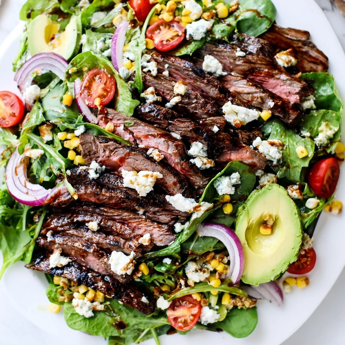 Juicy grilled flank steak atop a vibrant salad with sweet corn and crumbled cheese