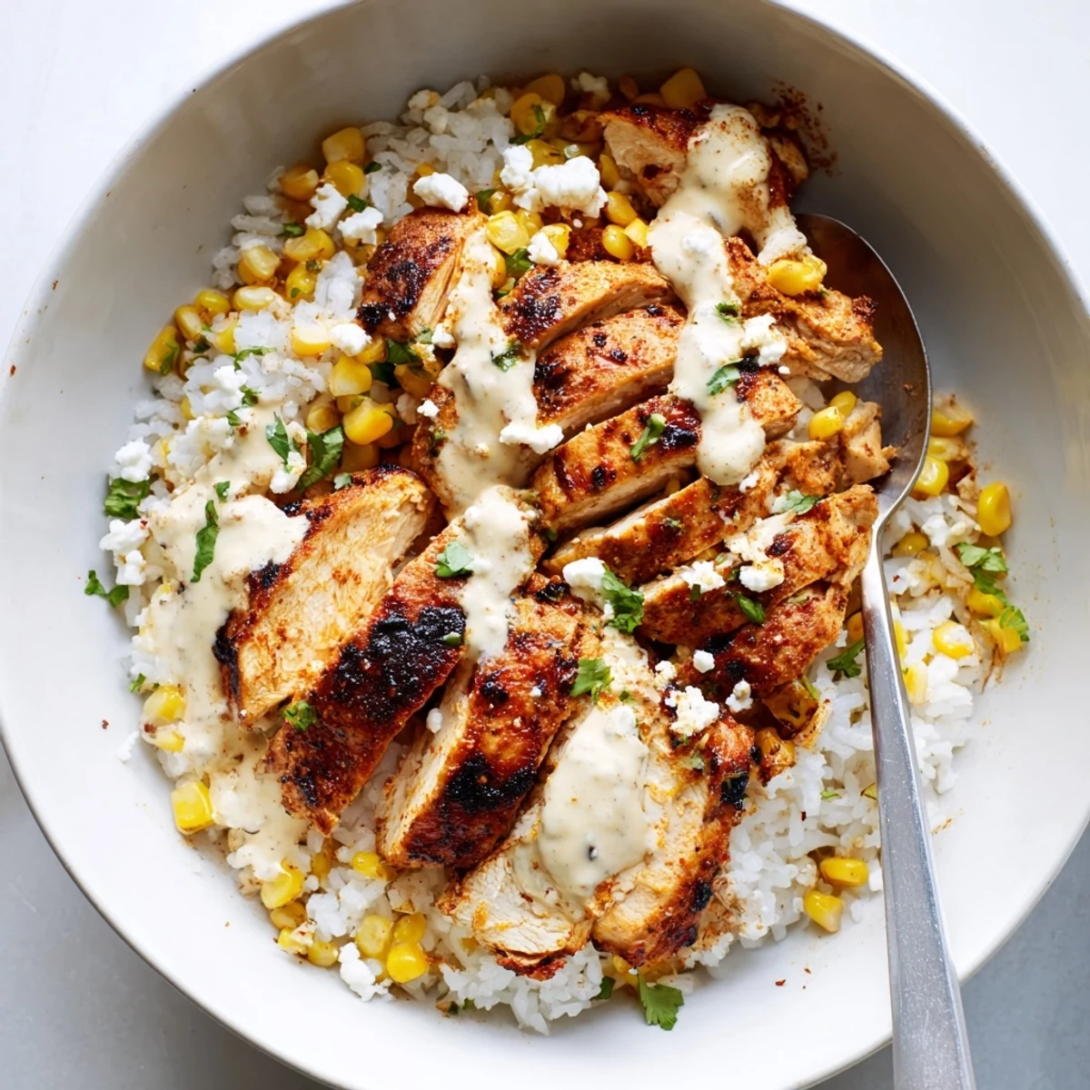 Street corn chicken rice bowl topped with charred corn and creamy lime sauce
