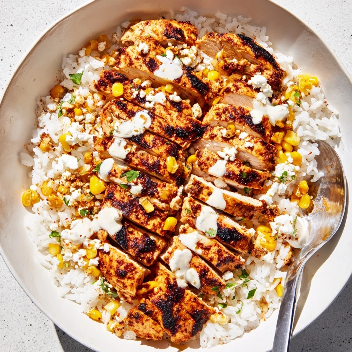 Sliced grilled chicken over rice in a street corn chicken rice bowl