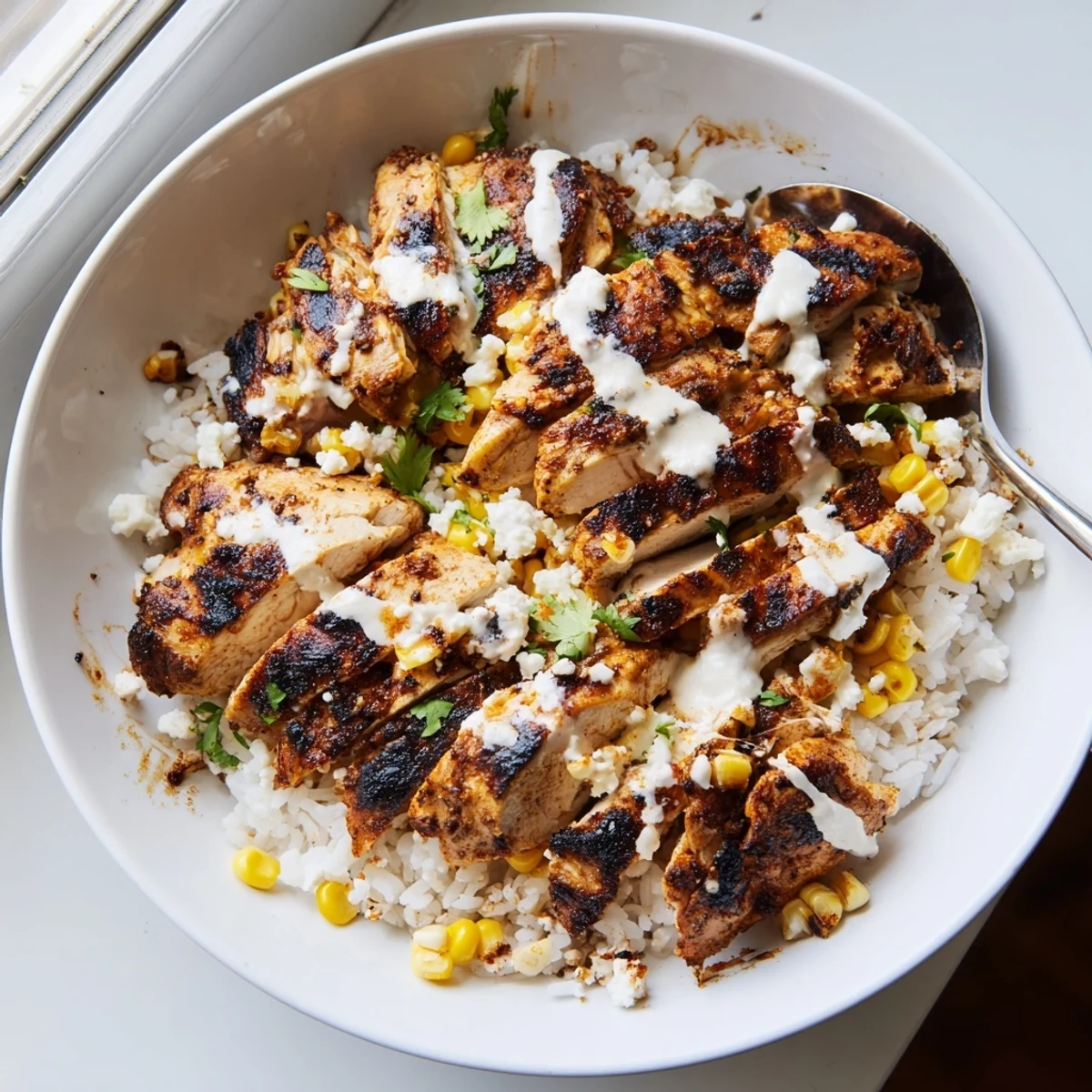 Colorful street corn chicken rice bowl drizzled with tangy sauce and cilantro