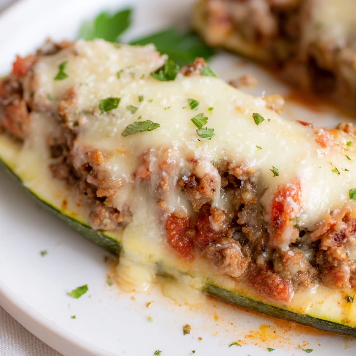 Golden baked stuffed zucchini boats with ground beef and melted mozzarella on a white plate