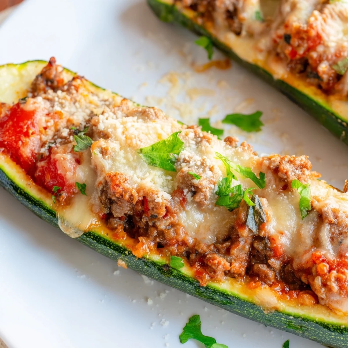 Sizzling stuffed zucchini boats with ground beef fresh from the oven garnished with parsley