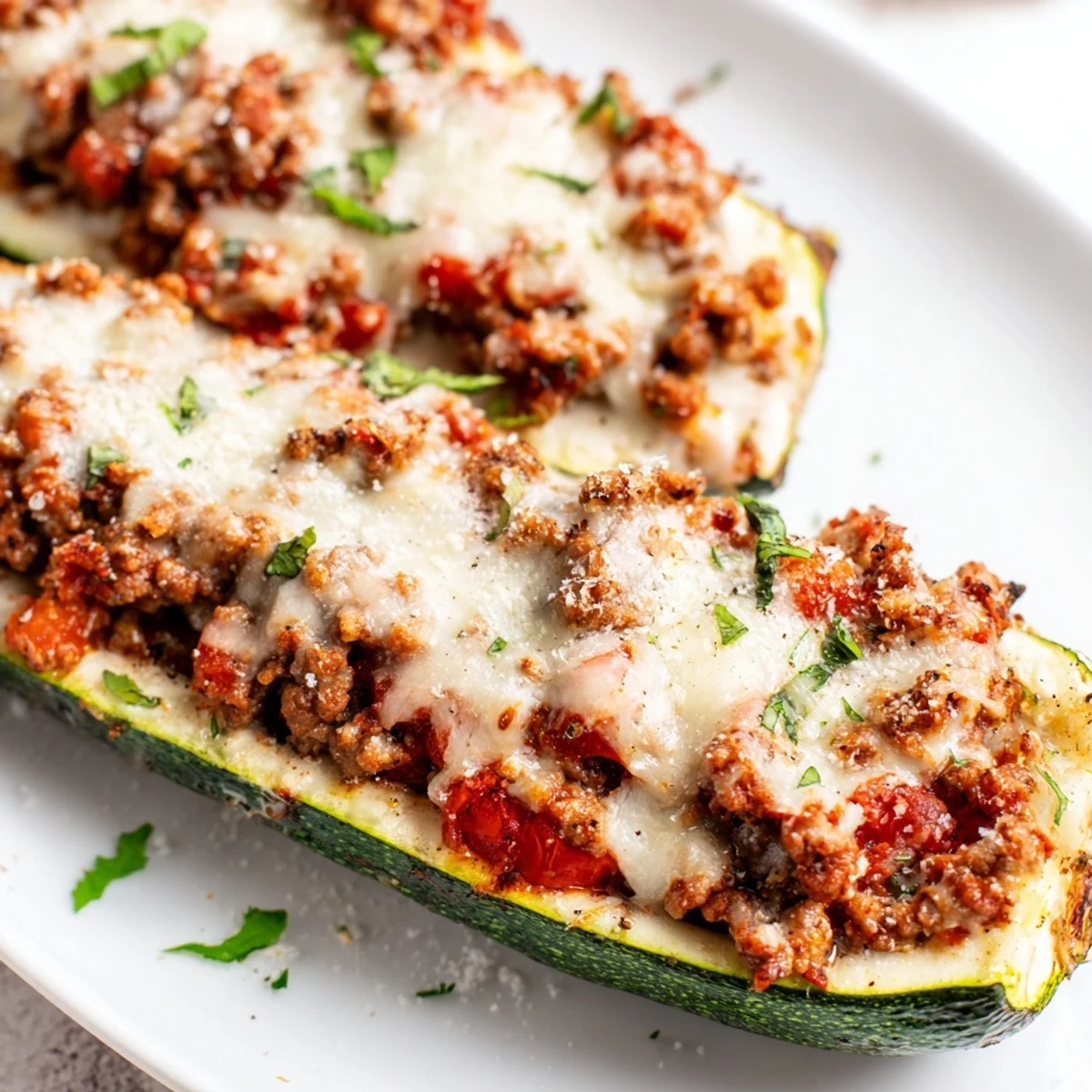 Tender zucchini halves filled with savory ground beef mixture topped with bubbling Parmesan cheese