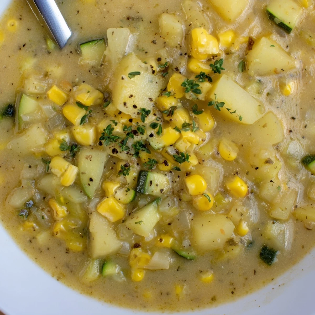 Steaming bowl of hearty potato corn zucchini soup garnished with fresh parsley