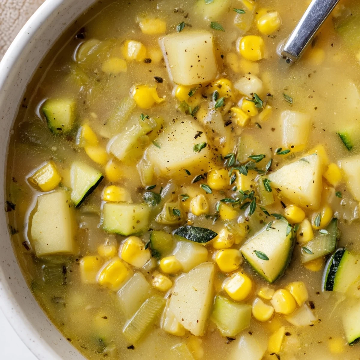 Creamy hearty potato corn zucchini soup ladled into a rustic ceramic bowl