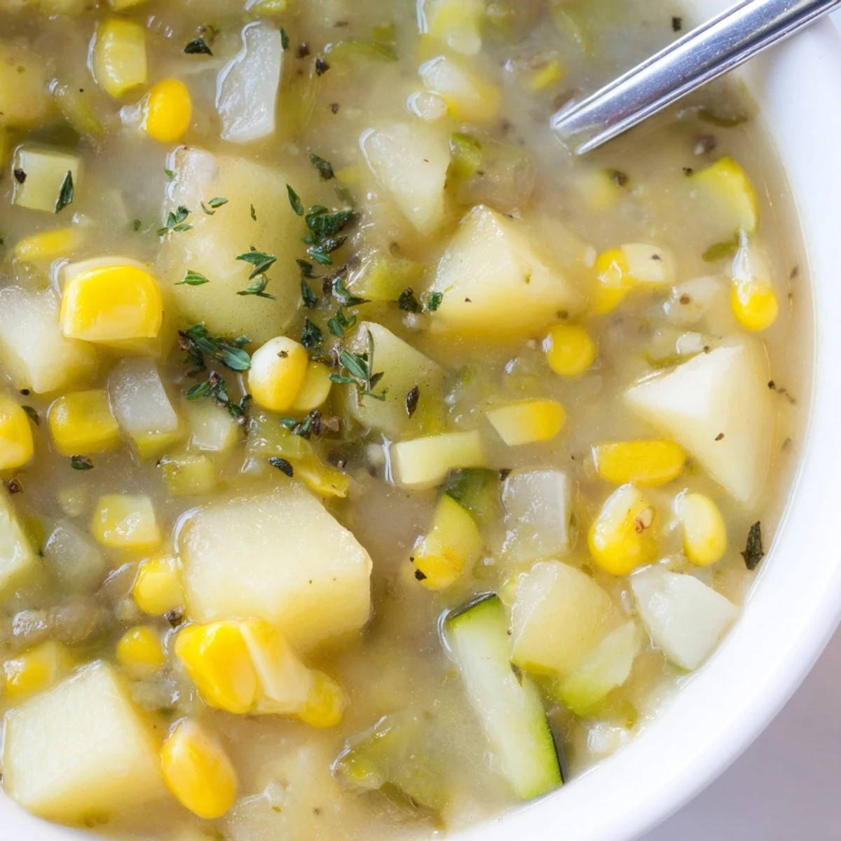 Golden corn and tender diced potatoes in hearty potato corn zucchini soup