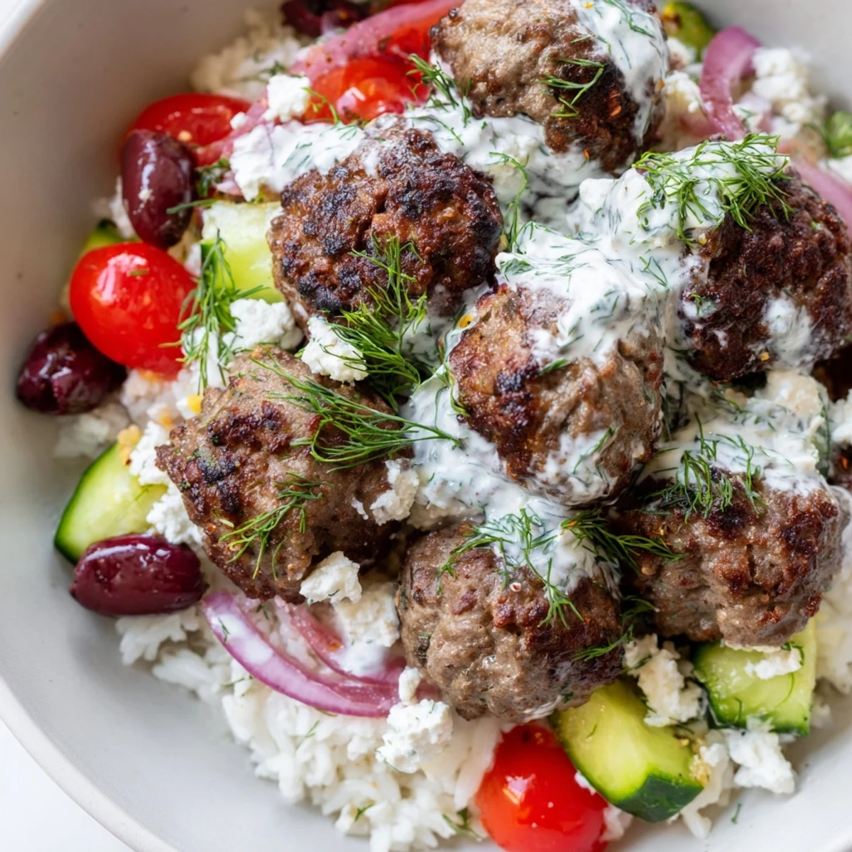 Golden brown Greek meatball bowl drizzled with creamy tzatziki over fluffy rice