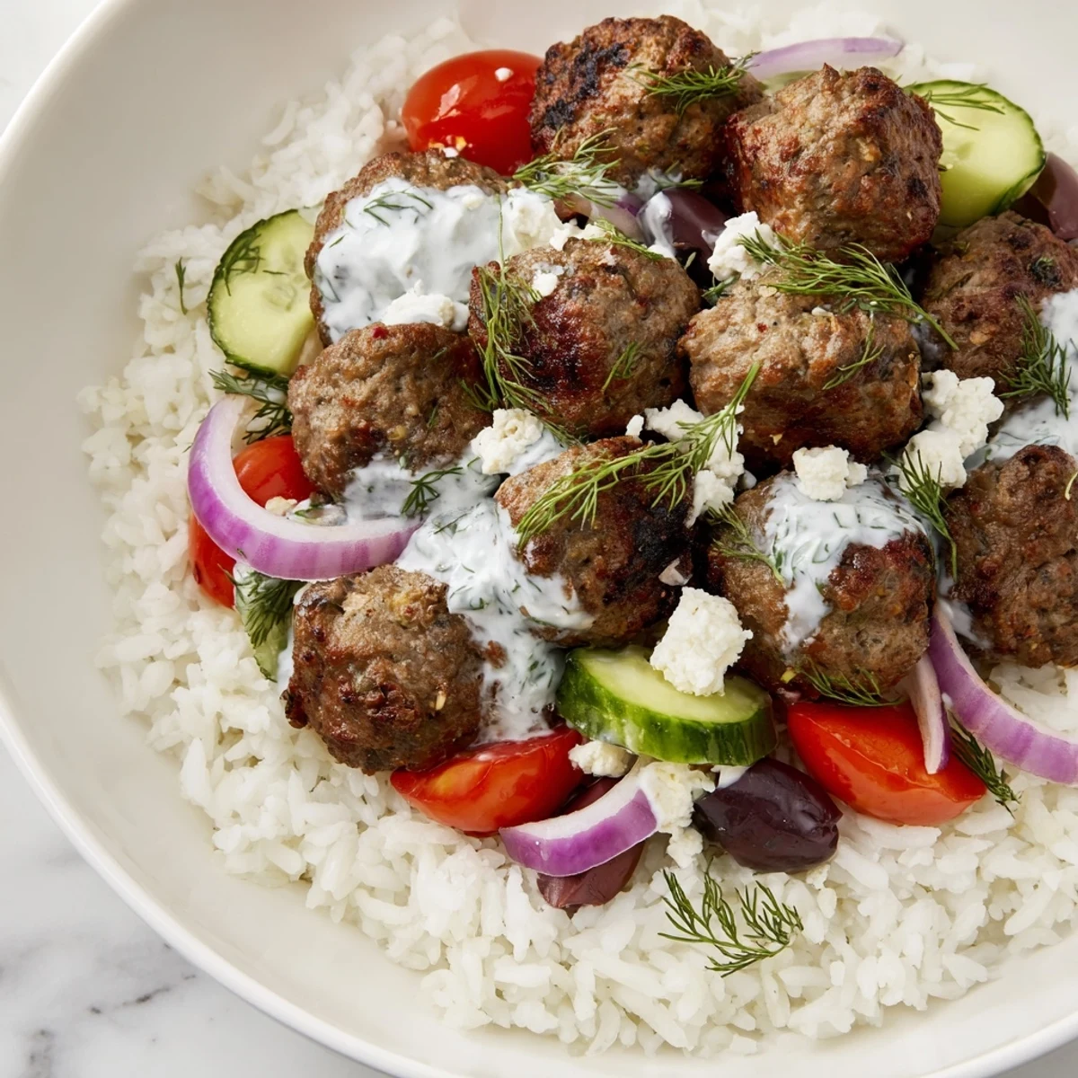 Juicy Greek meatball bowl topped with crumbled feta, olives, and fresh dill