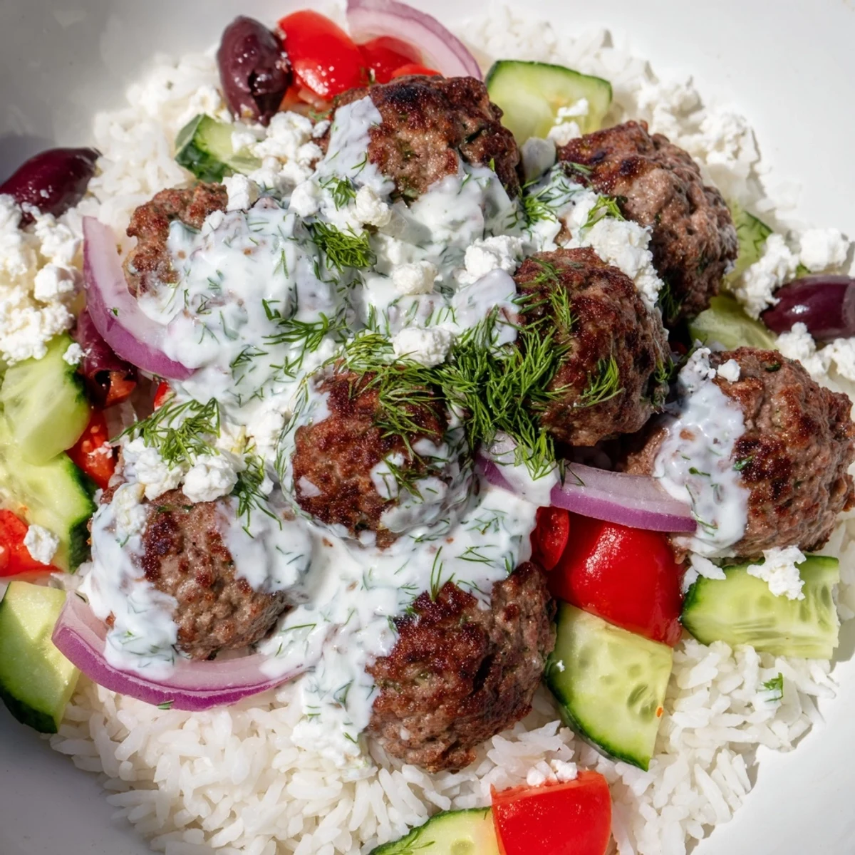 Crispy pan-fried Greek meatball bowl served with cherry tomatoes and lemon wedges