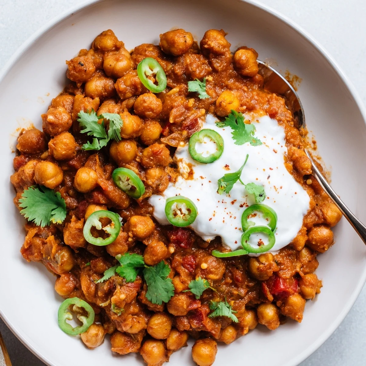Creamy Greek Yogurt Chickpea Curry steaming over basmati, garnished with cilantro