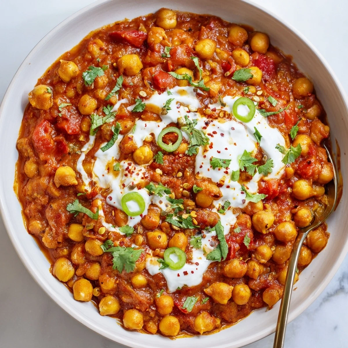 A spoonful of Greek Yogurt Chickpea Curry showing creamy texture, chickpeas visible