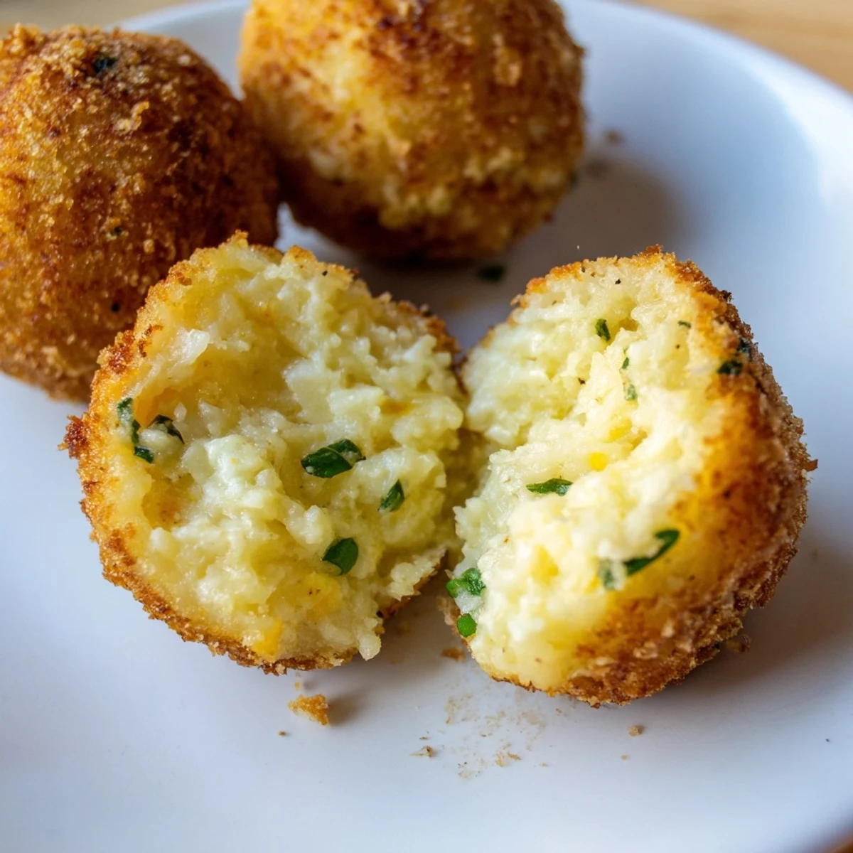 Golden Fried Mashed Potato Balls piled on plate, crispy exterior, fluffy interior.
