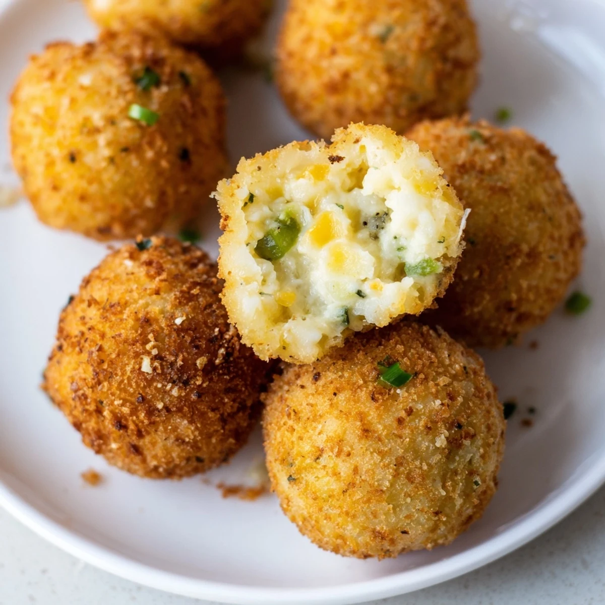Homestyle Fried Mashed Potato Balls showing melted cheddar, green onion flecks, steaming.