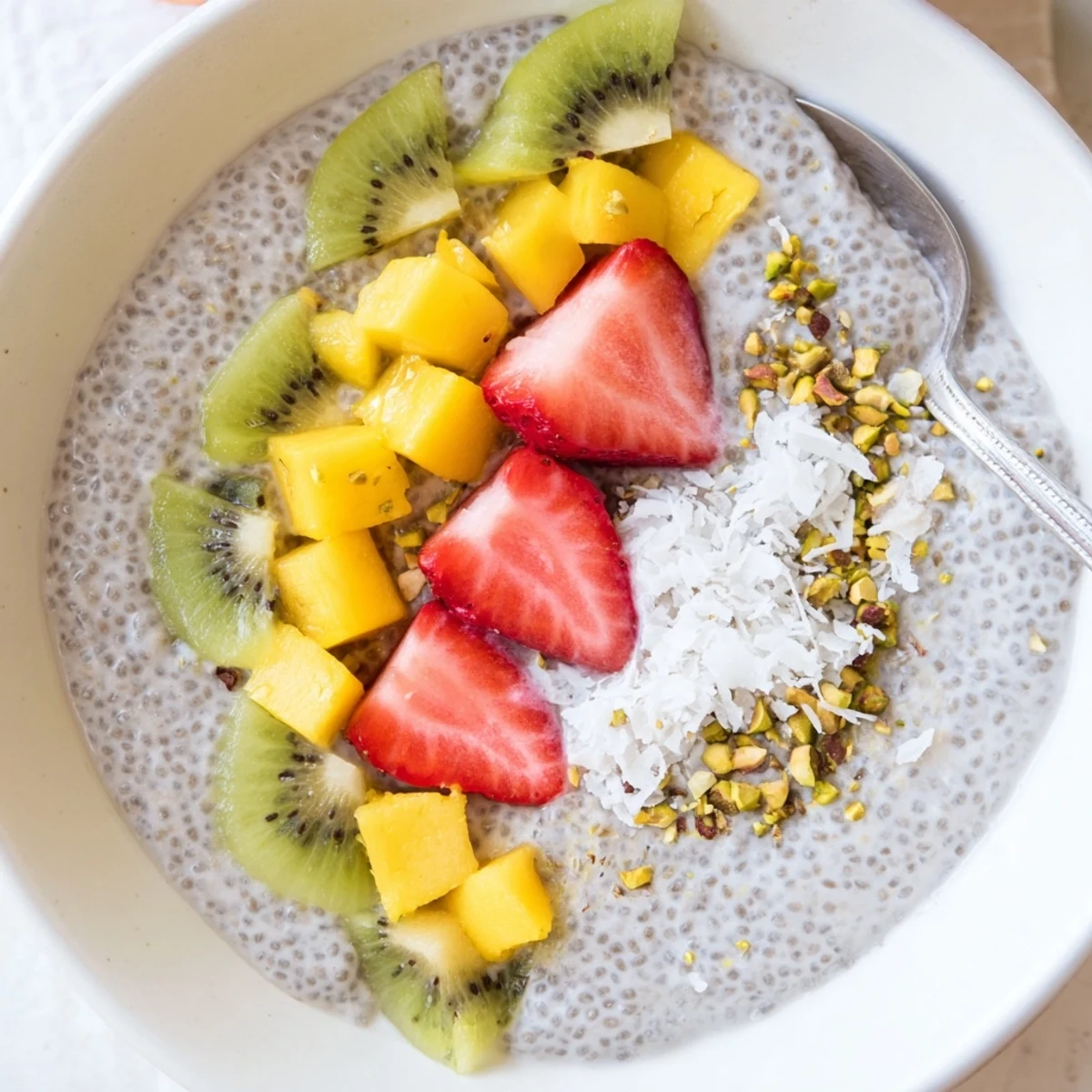 Creamy Coconut Chia Pudding topped with mango and toasted coconut flakes