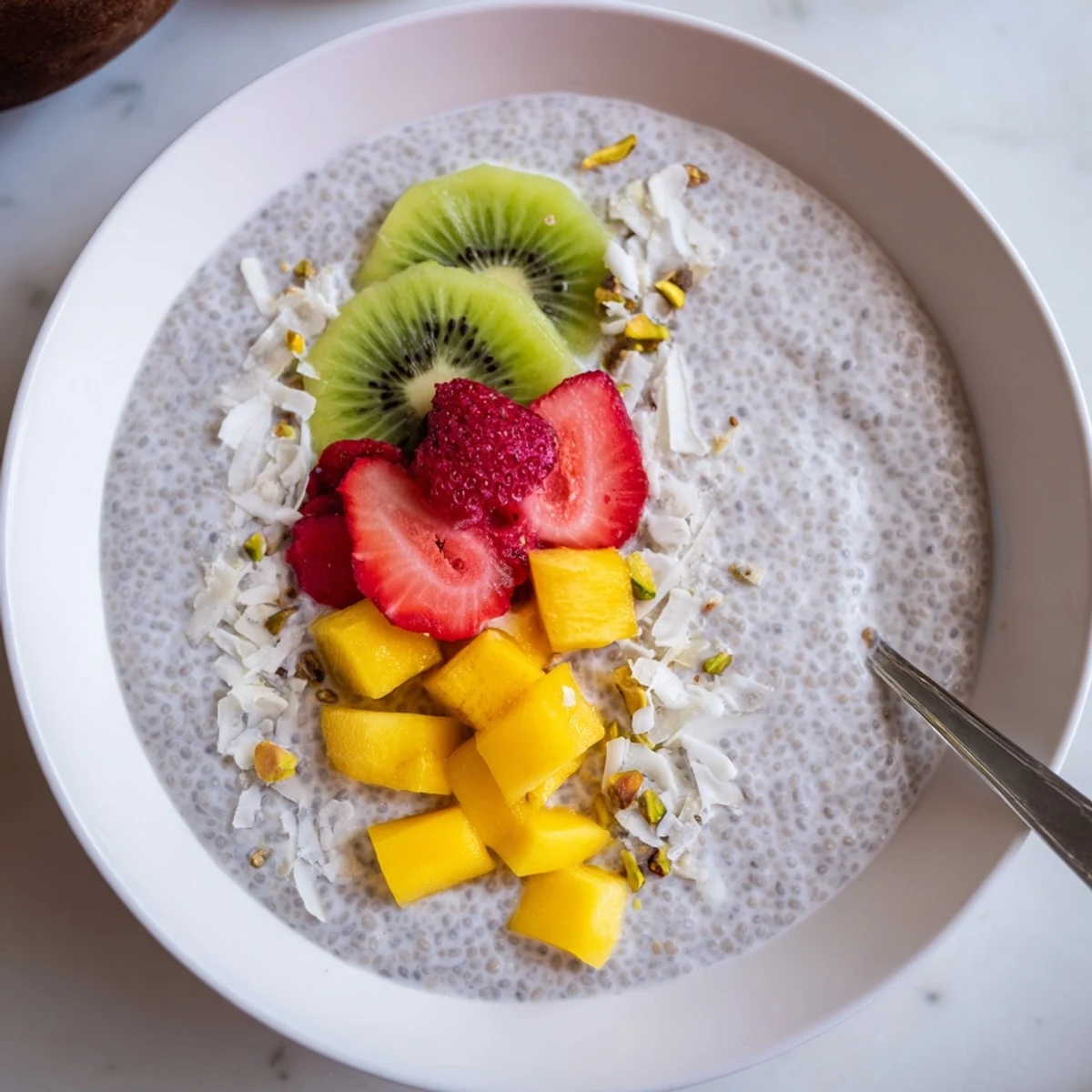 Chilled Coconut Chia Pudding in glass jars, garnished with berries