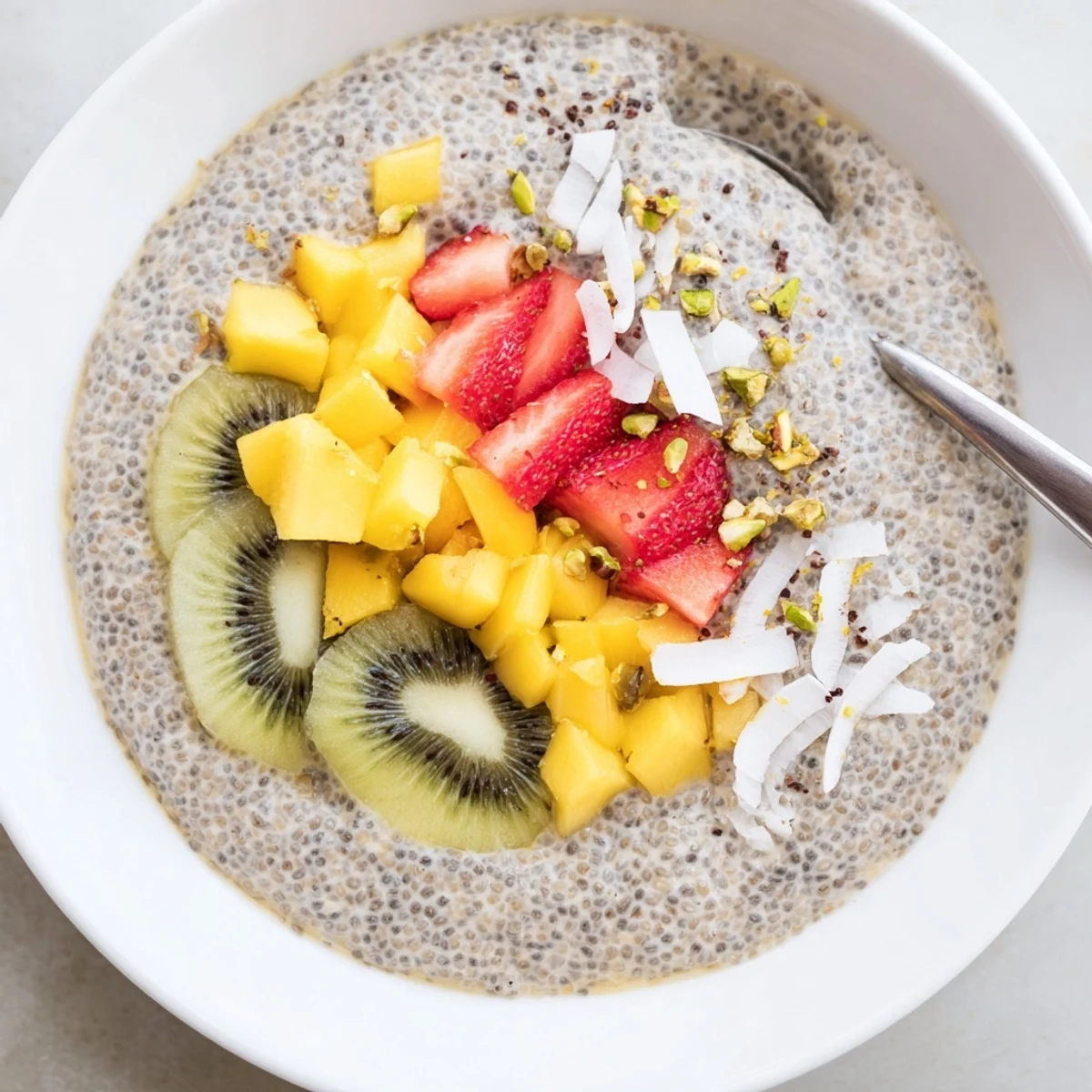 Silky Coconut Chia Pudding spooned into bowls, sprinkled with pistachios