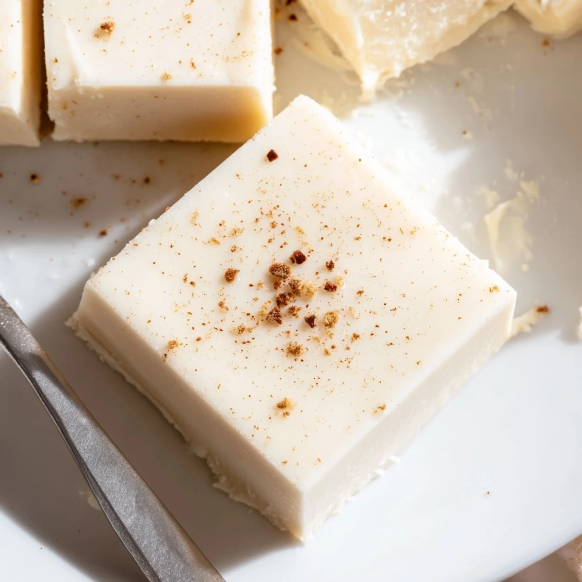 Creamy white Eggnog Fudge squares dusted with nutmeg on parchment  