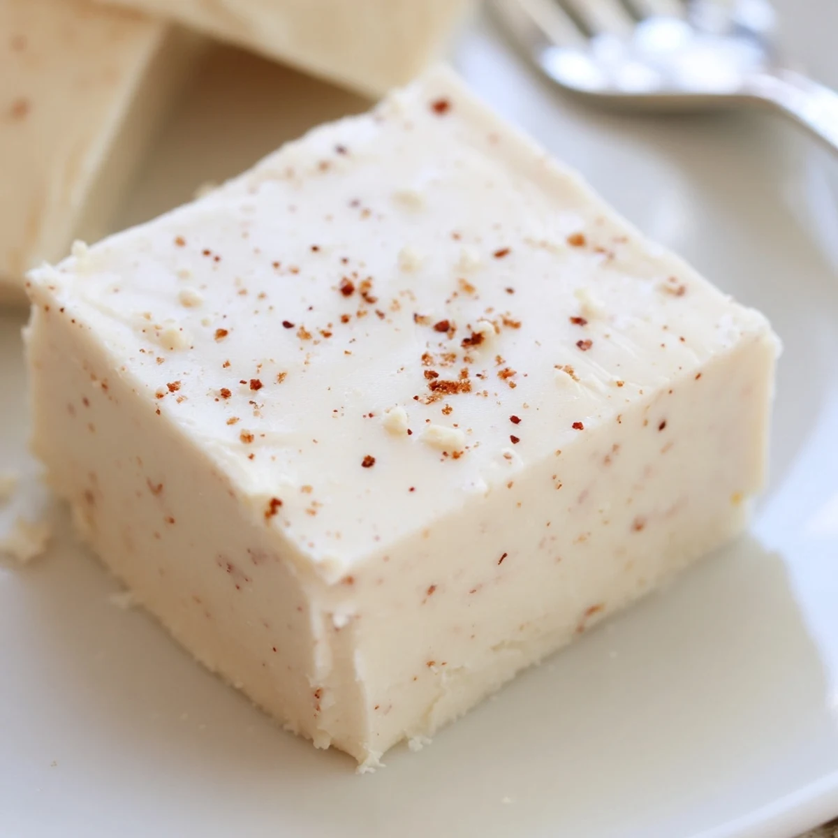 Homemade Eggnog Fudge chilled until firm, speckled with warm cinnamon