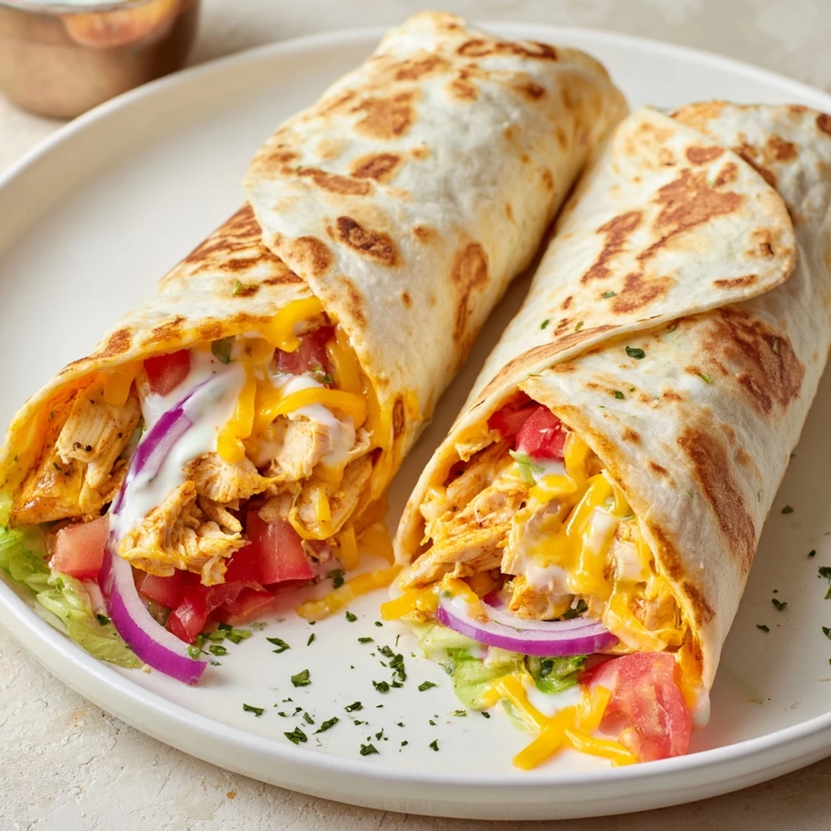 Homestyle Cheesy Garlic Chicken Wraps filled with tender chicken, crisp lettuce