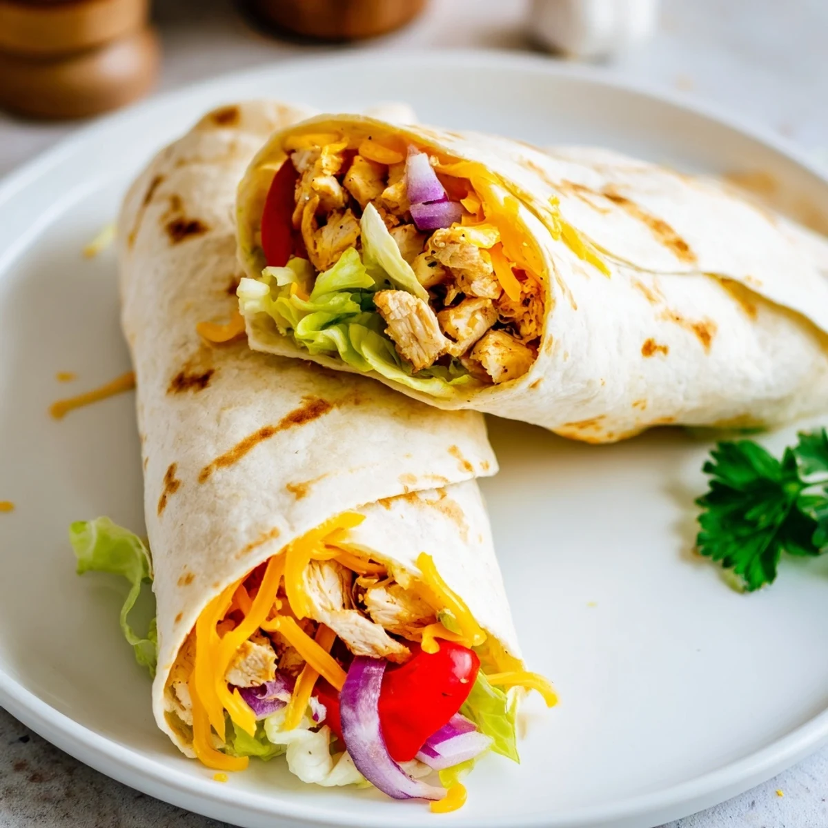 Cheesy Garlic Chicken Wraps sliced, warm tortilla steaming with gooey melted cheese