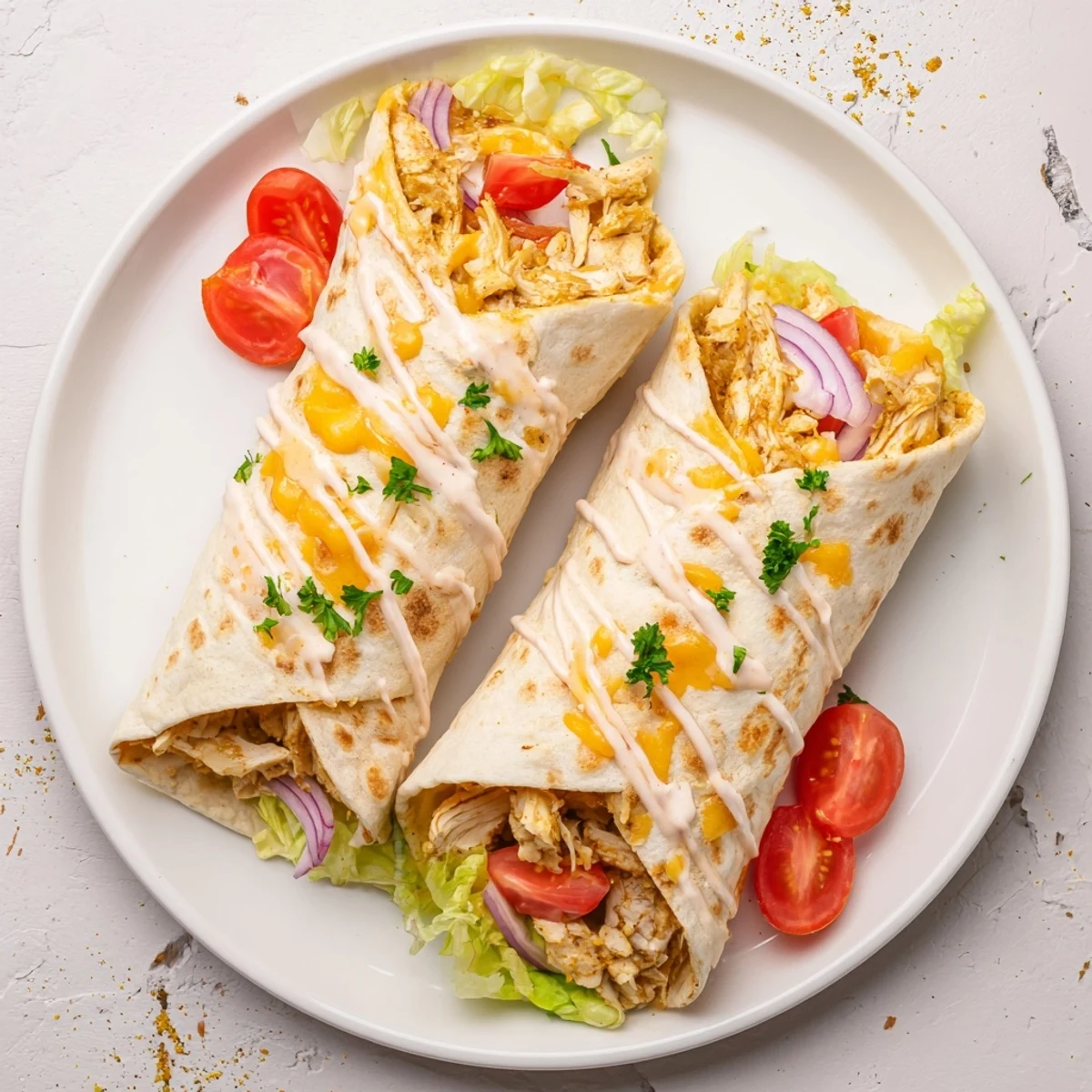 Pan-pressed Cheesy Garlic Chicken Wraps oozing cheddar, served with lemony herb sauce