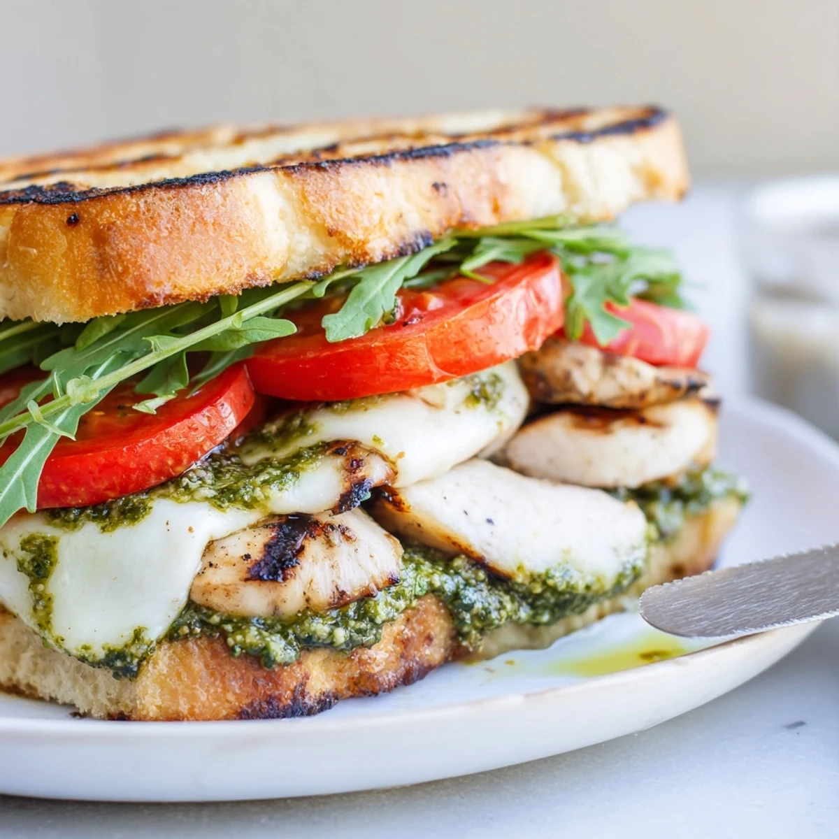 Toasted ciabatta cradles a Chicken Pesto Sandwich with juicy chicken and melted mozzarella