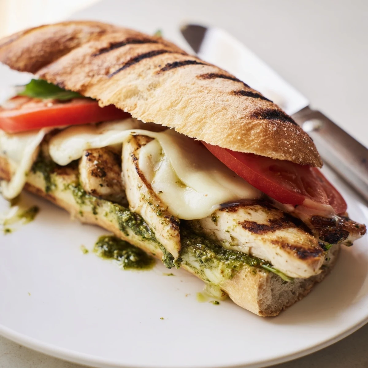 Skillet-grilled chicken and herbaceous pesto define this Chicken Pesto Sandwich, served warm