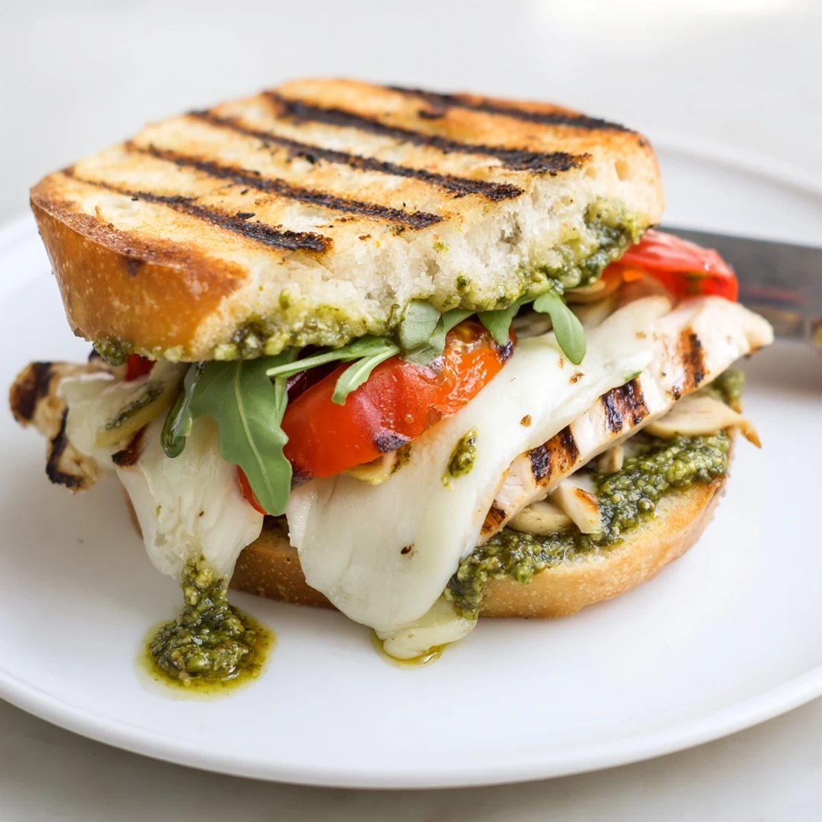 Packable Chicken Pesto Sandwich topped with ripe tomato and peppery arugula for lunch
