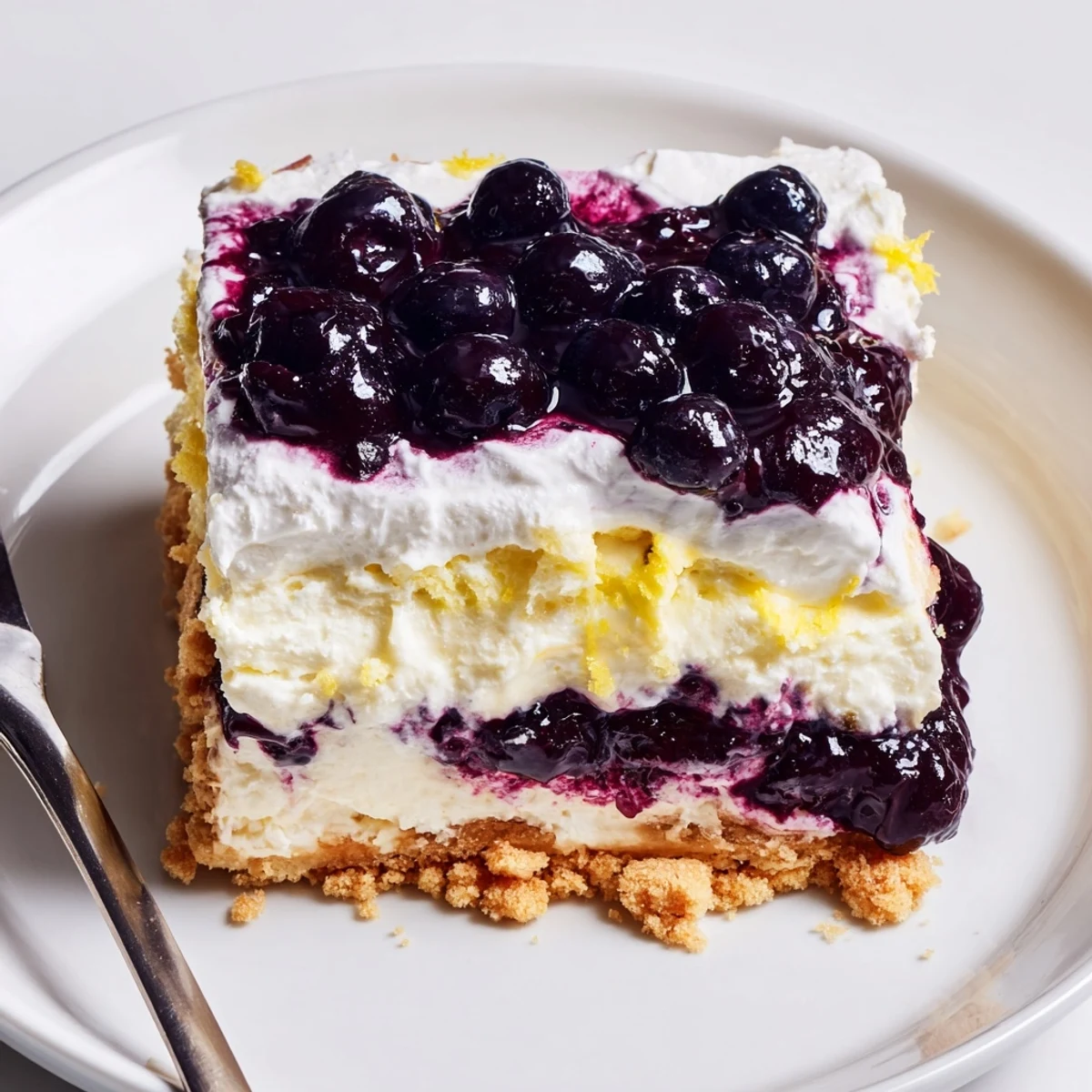 Lemon Blueberry Lasagna with creamy lemon layers and jewel like blueberry compote
