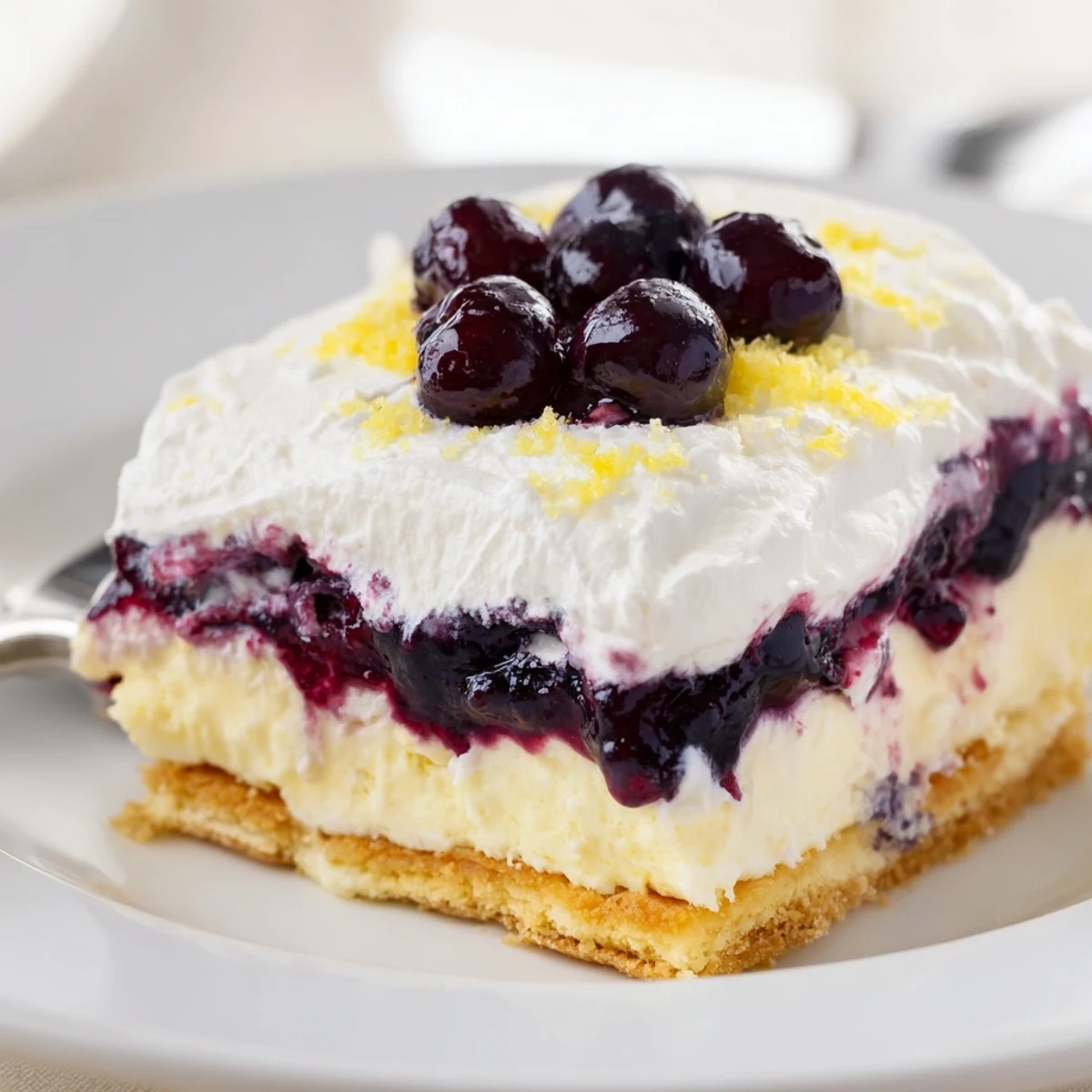 No bake Lemon Blueberry Lasagna featuring buttery cookie crust and bright tang