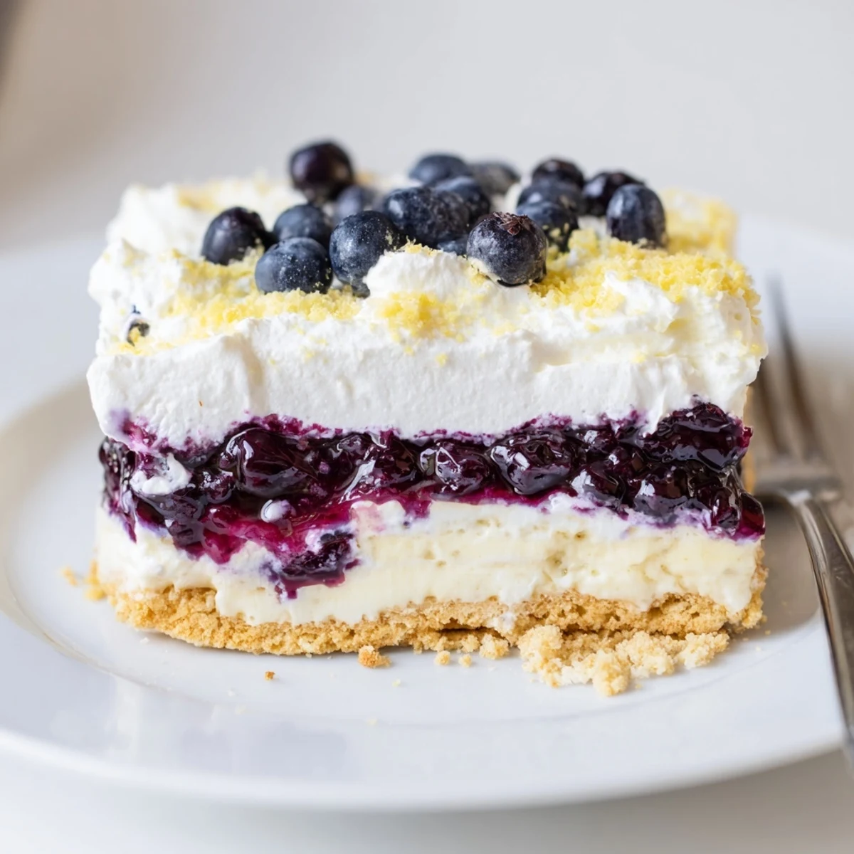 Chilled Lemon Blueberry Lasagna sliced on plate, whipped cream and zest