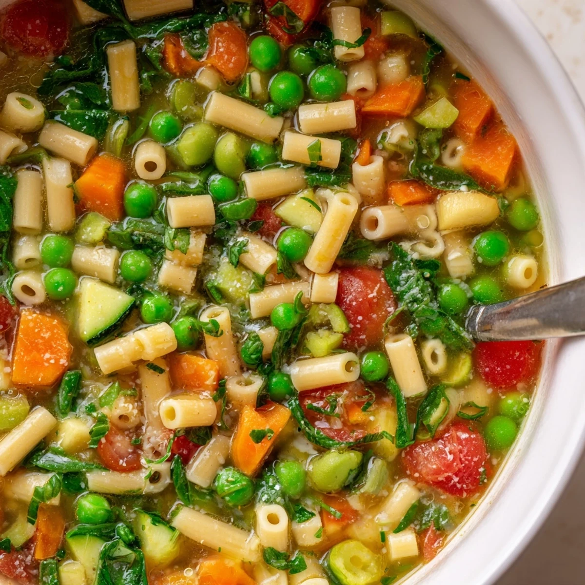 Spring Minestrone Soup Recipe steaming in bowl, fresh herbs and olive oil.
