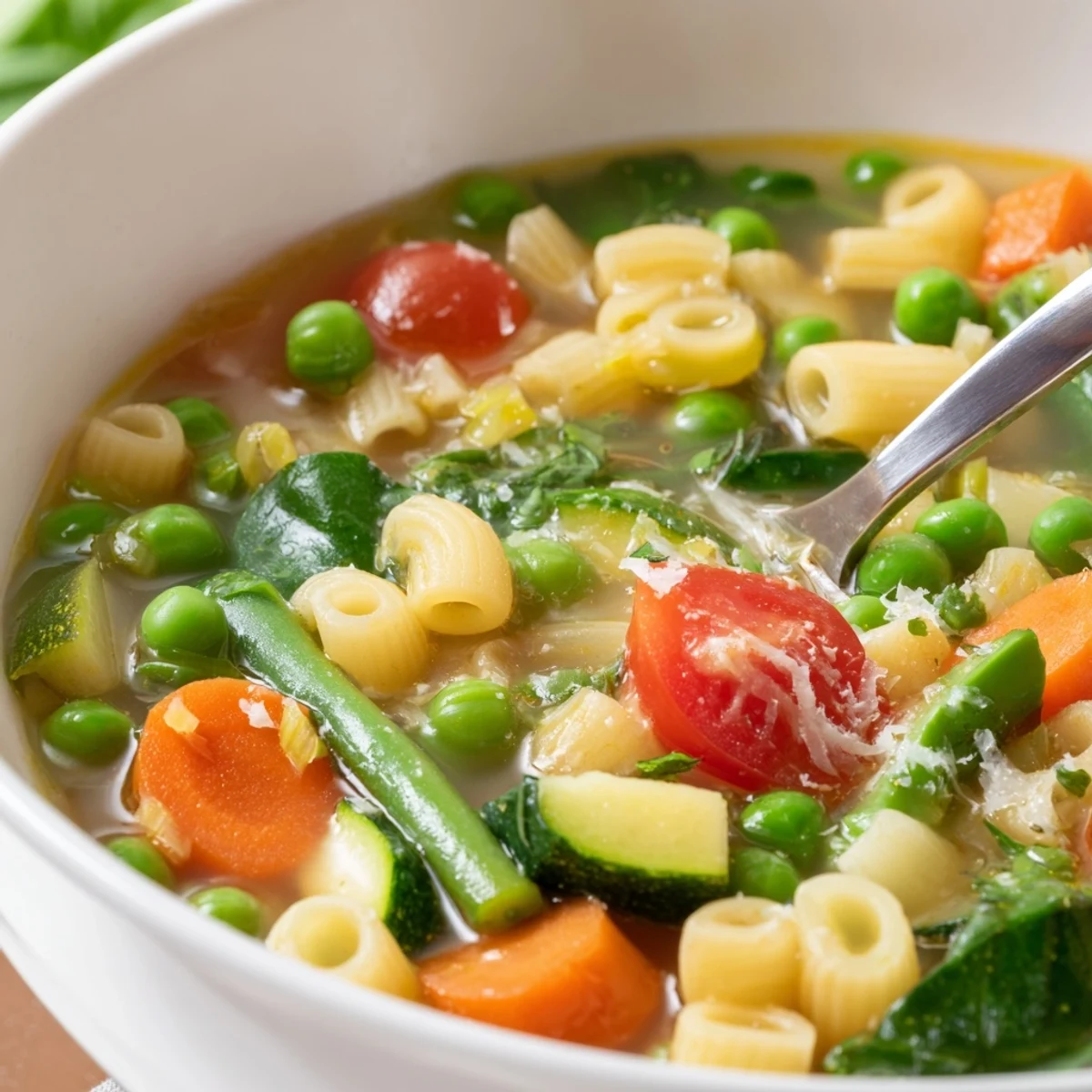 Spring Minestrone Soup Recipe ladled hot, paired with crusty bread and Parmesan.