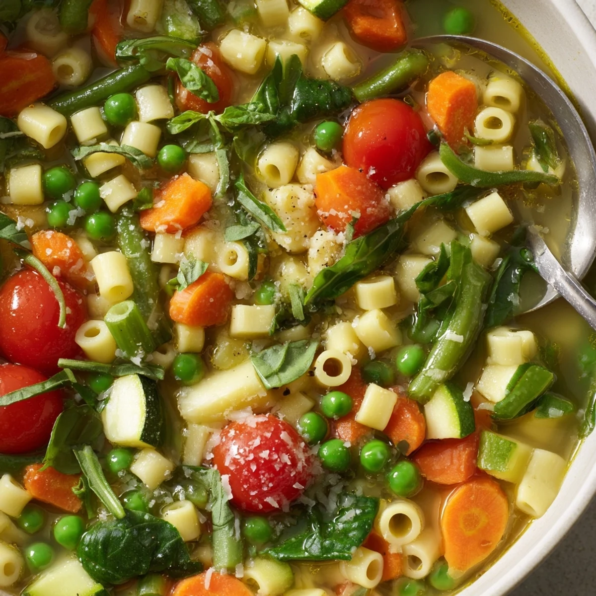 Homestyle Spring Minestrone Soup Recipe with tender pasta, bright cherry tomatoes.