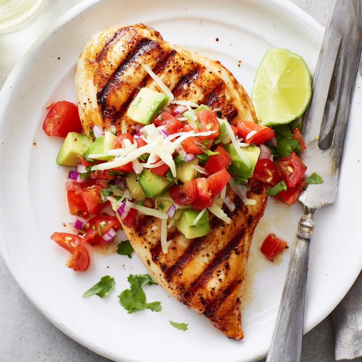Fiesta Lime Chicken With Avocado plated with melted cheese and lime wedges