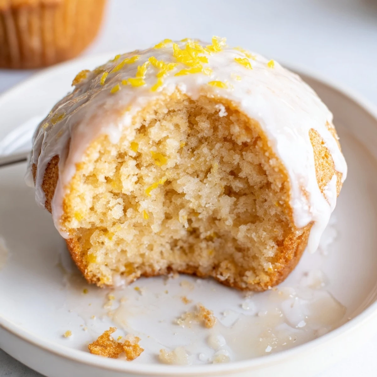 Glazed Lemon Ginger Muffins topped with glossy citrus glaze, steaming on cooling rack