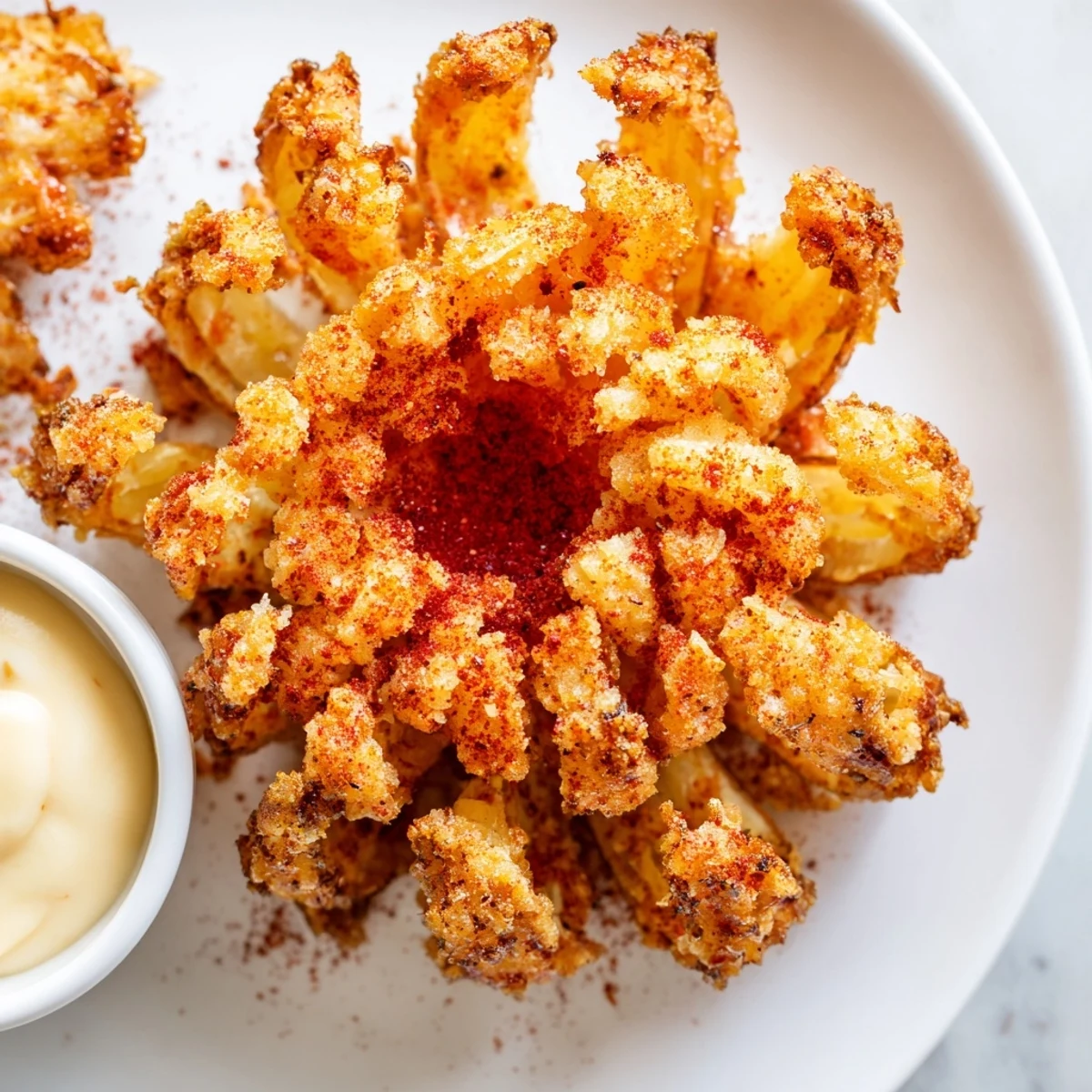 Crispy Mini Bloomin Onions Recipe: golden, crunchy petals served warm with spicy dipping sauce.