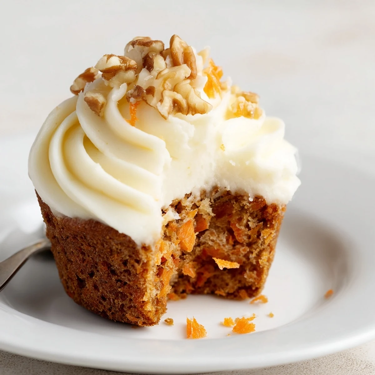 Moist Carrot Cake Cupcakes topped with creamy frosting and chopped walnuts