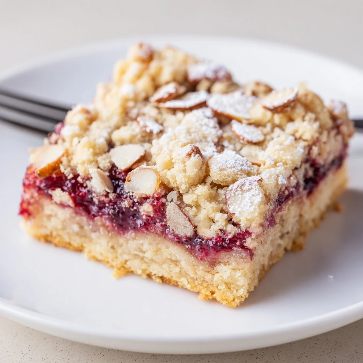 Raspberry Almond Bars on parchment, golden crumble, glistening raspberry jam center