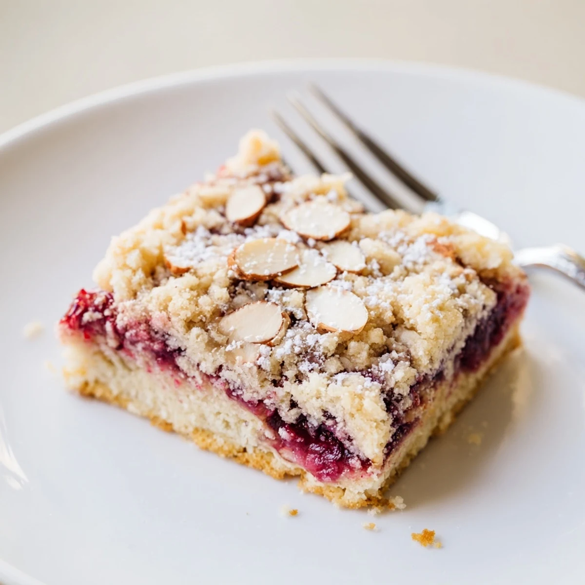 Close-up of Raspberry Almond Bars showing tender crumb, sticky jam, almond topping