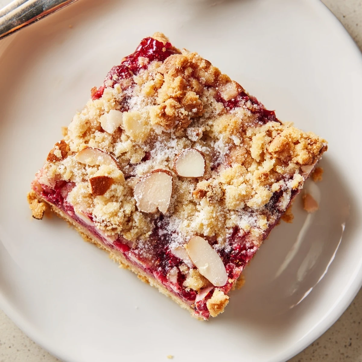 Buttery Raspberry Almond Bars sliced on board, toasted almonds and powdered sugar