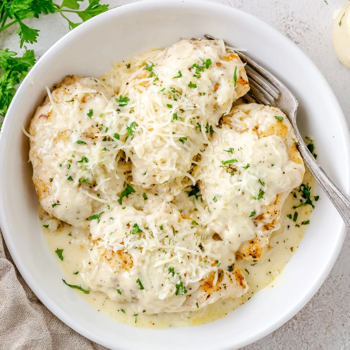 Oven-browned Baked Caesar Chicken With Creamy Parmesan Sauce resting, served with salad