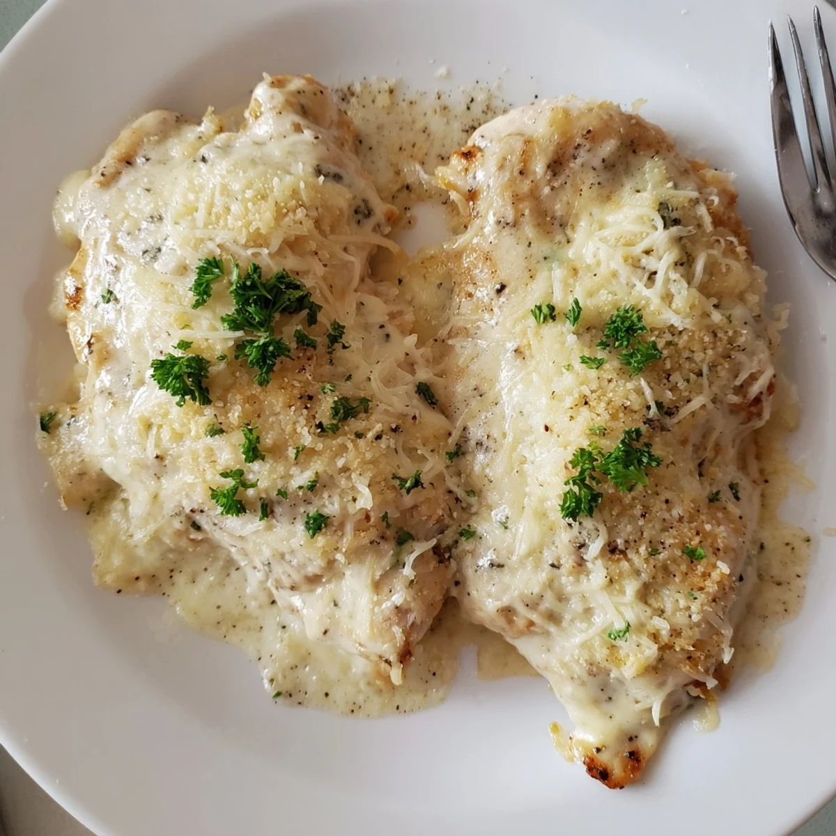 Tender chicken breasts in Baked Caesar Chicken With Creamy Parmesan Sauce, creamy indulgence