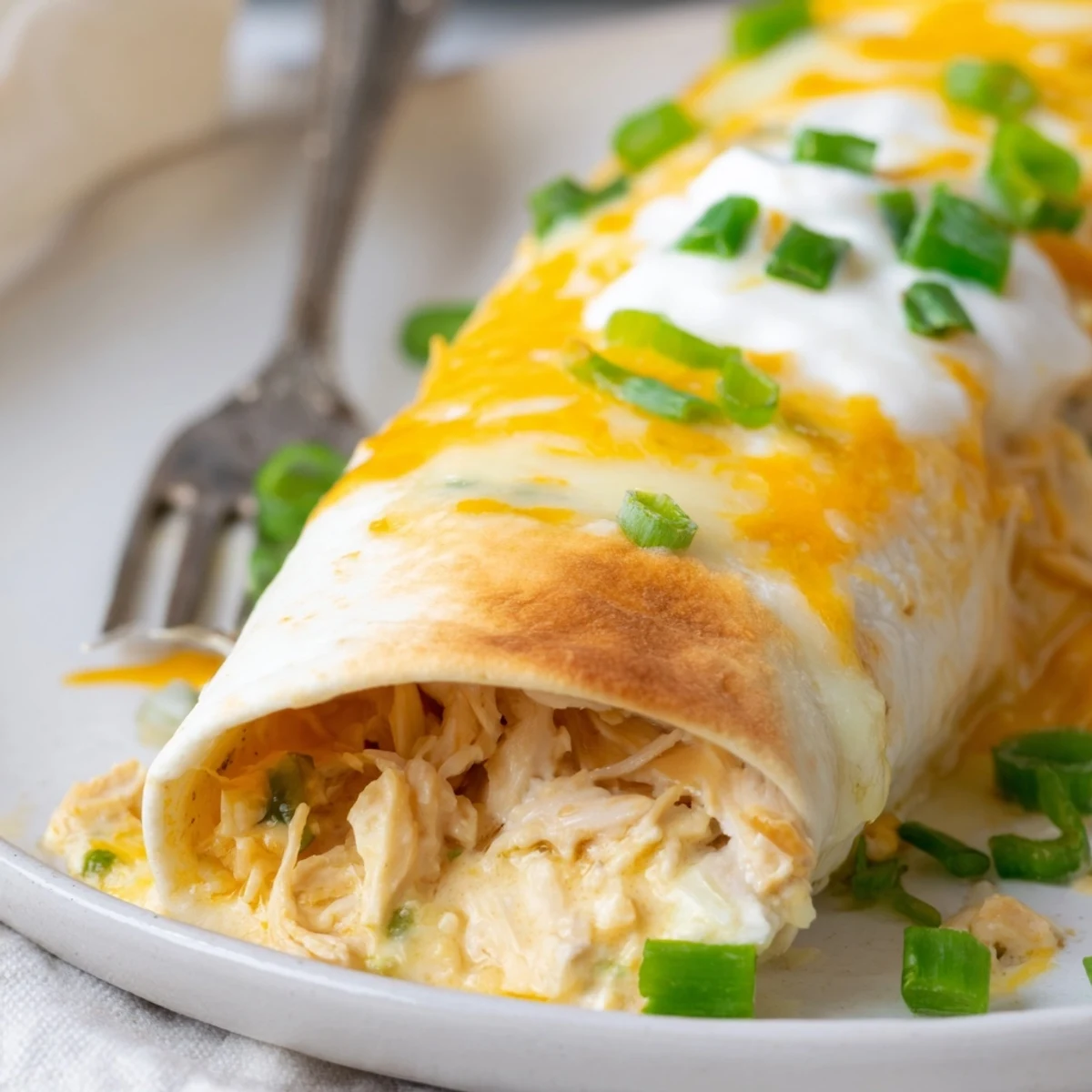Sliced cilantro garnish crowns White Rotisserie Chicken Enchiladas, steaming and ready