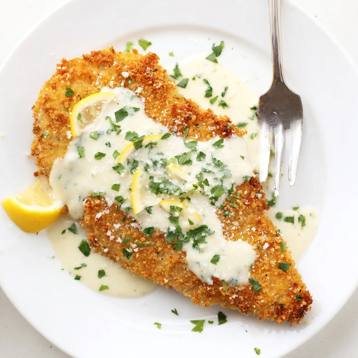 Lemon Pecorino Crusted Chicken With Creamy Lemon Sauce, golden crust and bright lemon aroma